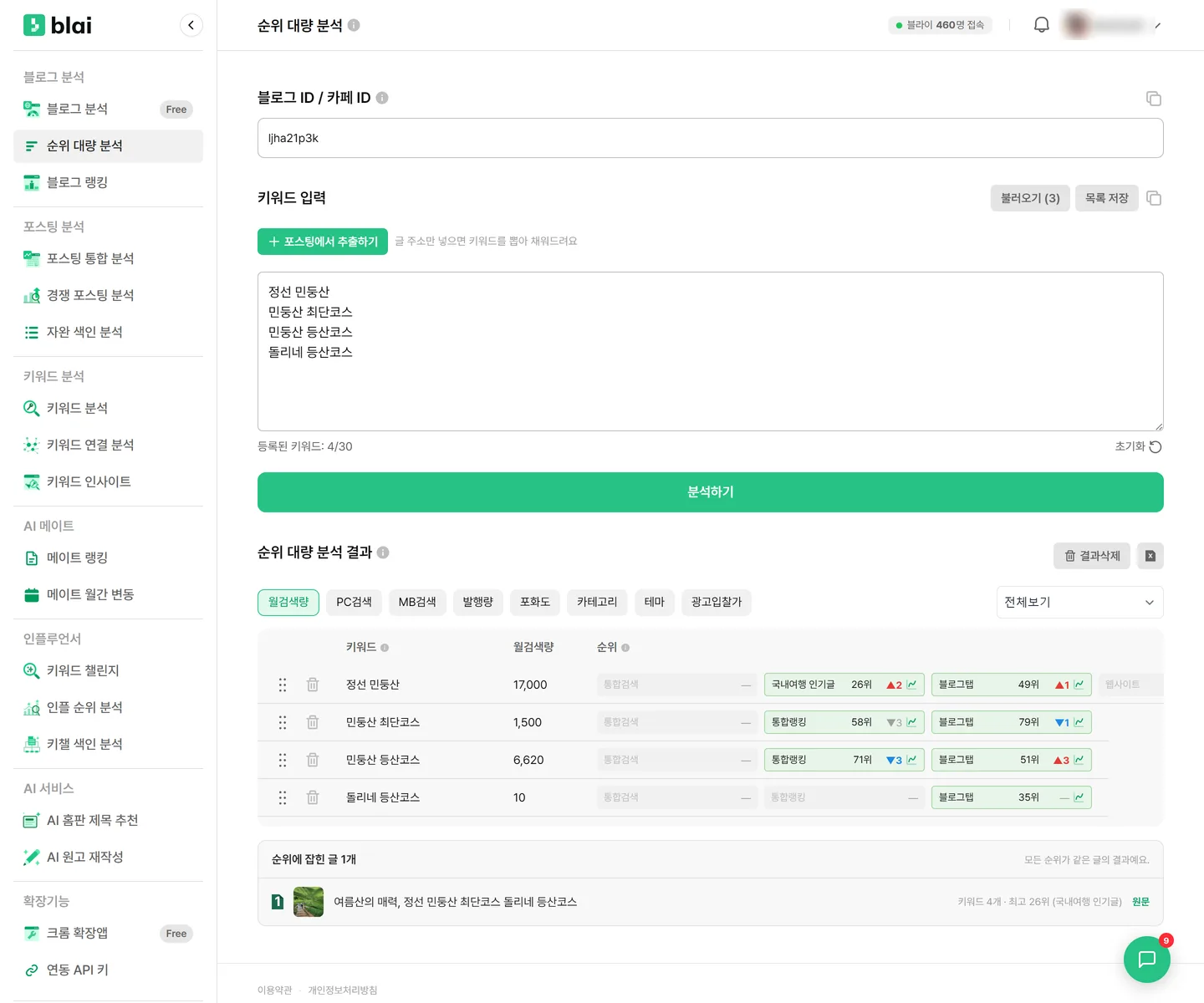 순위 대량 분석 입력 화면 — 블로그 ID 입력란, 포스팅에서 추출하기 버튼과 목록 불러오기·저장 버튼, 줄바꿈으로 구분한 키워드 입력창과 등록된 키워드 10/30 표시